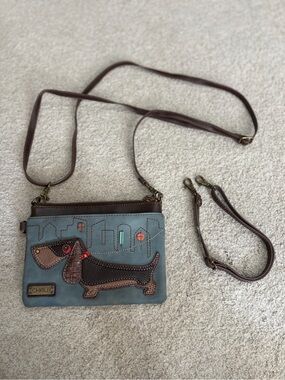 NWOT Chala Dachshund Wiener Dog Bag in Indigo & Brown, 2 Adjustable Straps
